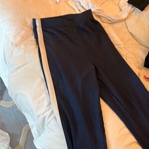 Navy Ribbed Leggings with White Stripe